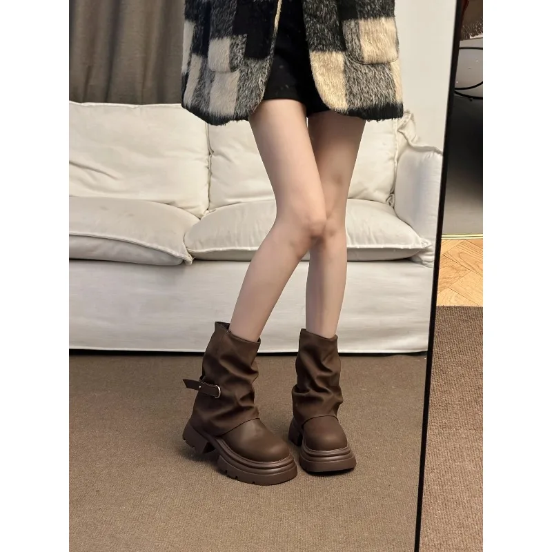 Women's Thick Bottom Boots British Style Autumn Winter Short Boots Brown Mermaid Tube Boot Daily Wear Round Toe Boots 2026 New - view 5