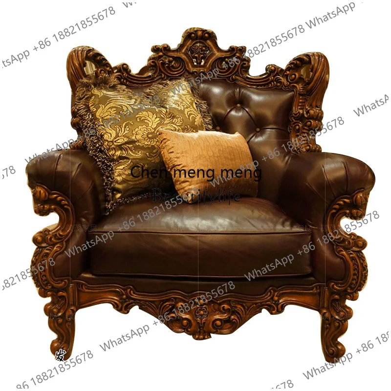 American retro European solid wood carving villa high-end leather sofa first layer cowhide sofa