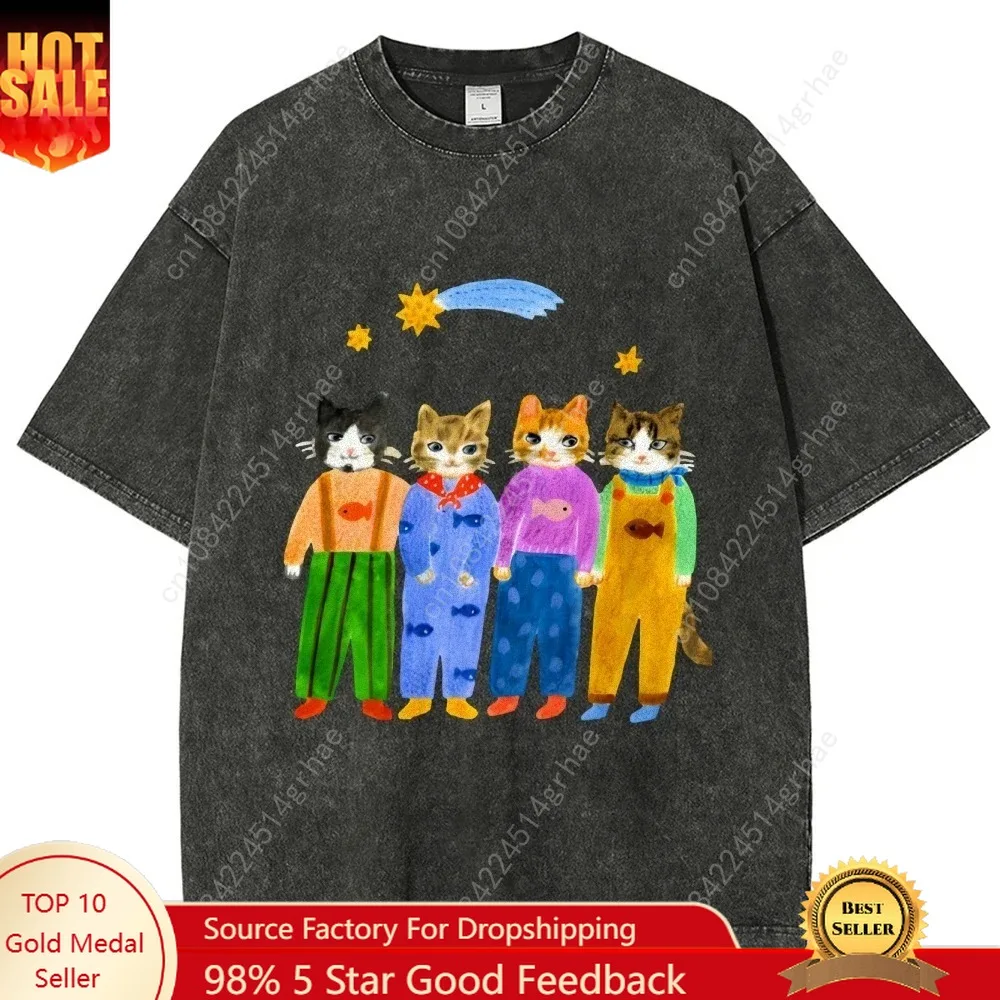 

Washed Vintage Colorful Aesthetic Cats Graphic New Arrival Mens Clothes Tee Shirt Homme T-Shirts Tshirt for Men Ropa Hombre