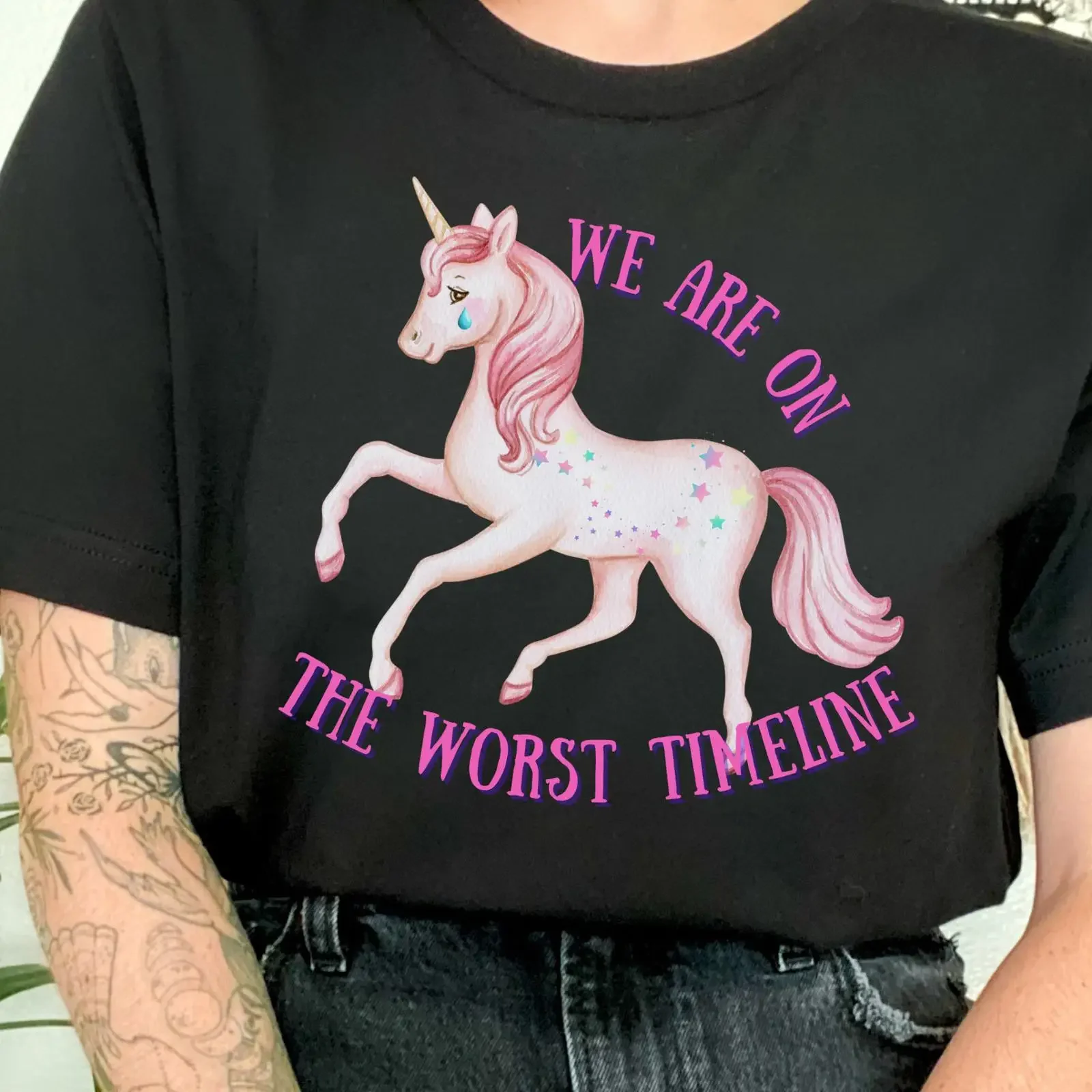 Worst Timeline Unicorn T Shirt Funny Dark Humor Meme vintage Washed designer clothes Casual Soft Stylish Comfortable Breathable