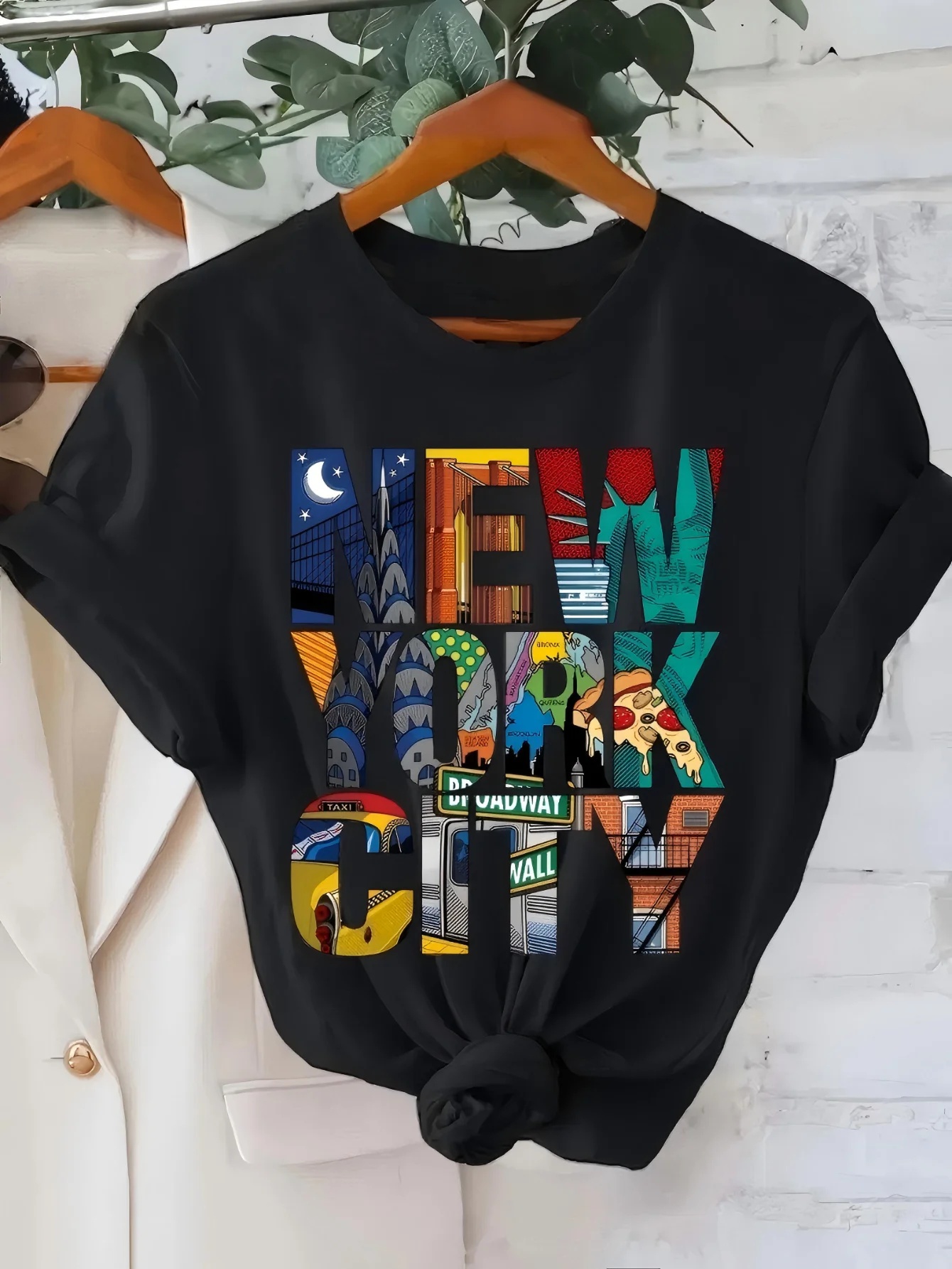 Camiseta gráfica de Nueva York para mujer - Diseño de Liberty Muse, Taxi y puente de Brooklyn - Camiseta ligera elástica con cuello redondo