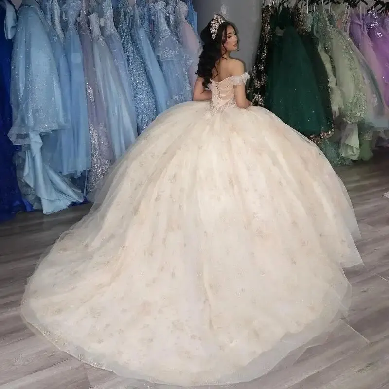 Vestidos de quinceañera color champán claro, cuentas de flores de encaje, tul con hombros descubiertos, fiesta de cumpleaños dulce 16 personalizada