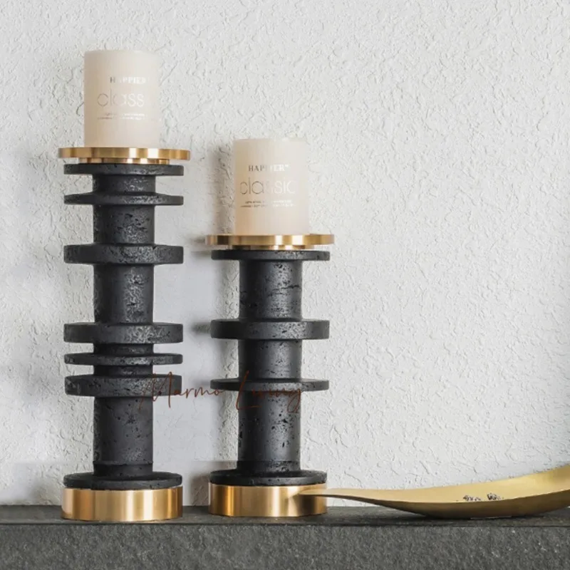 Beige Brown Travertine Candle Holder Luxury Home Decorations Marble Candlestick with Metal Base