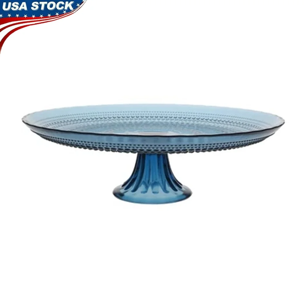 

13 Inch Blue Glass Cake Stand Round Dessert Serving Display Dishwasher Safe Vintage Beaded Design Elegant Table Decor
