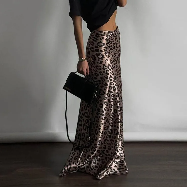 SKMY Y2k Clothes Women 2024 New Fashion Satin Long Skirts Leopard Printed Sexy Bag Hip Mermaid Skirt Floor Length Skirts Party
