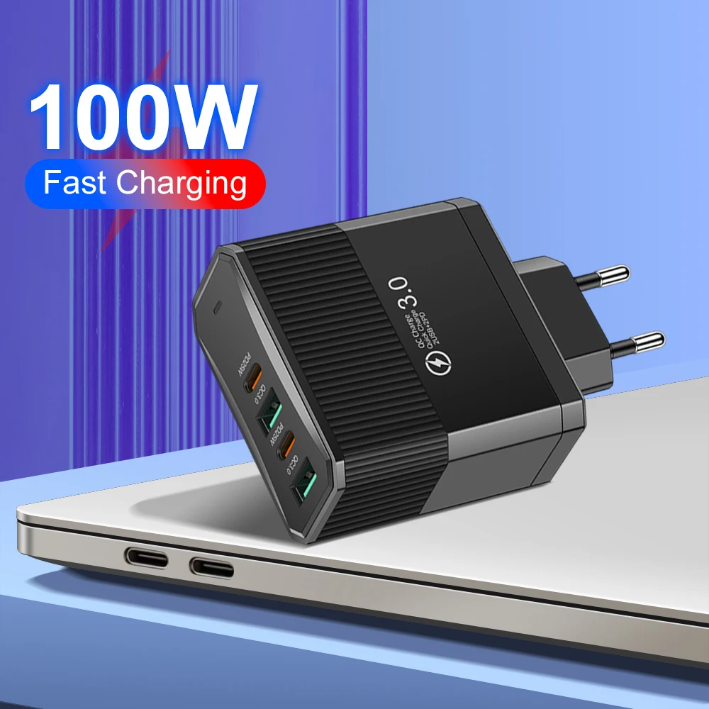 Total 100W USB Charger 4 Ports Fast Charging QC3.0 Mobile Phone Travel Charger For iPhone Samsung Xiaomi Huawei EU/US/UK/KR Plug