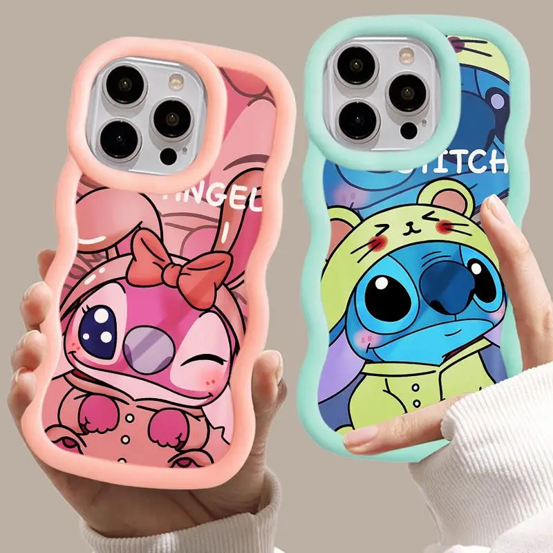 Luxury Macaron Waves Phone Case for iPhone 15 14 13 12 11 pro Max XS XR X 7 8 plus Disney Cute Stitch Angel Soft Candy Cover