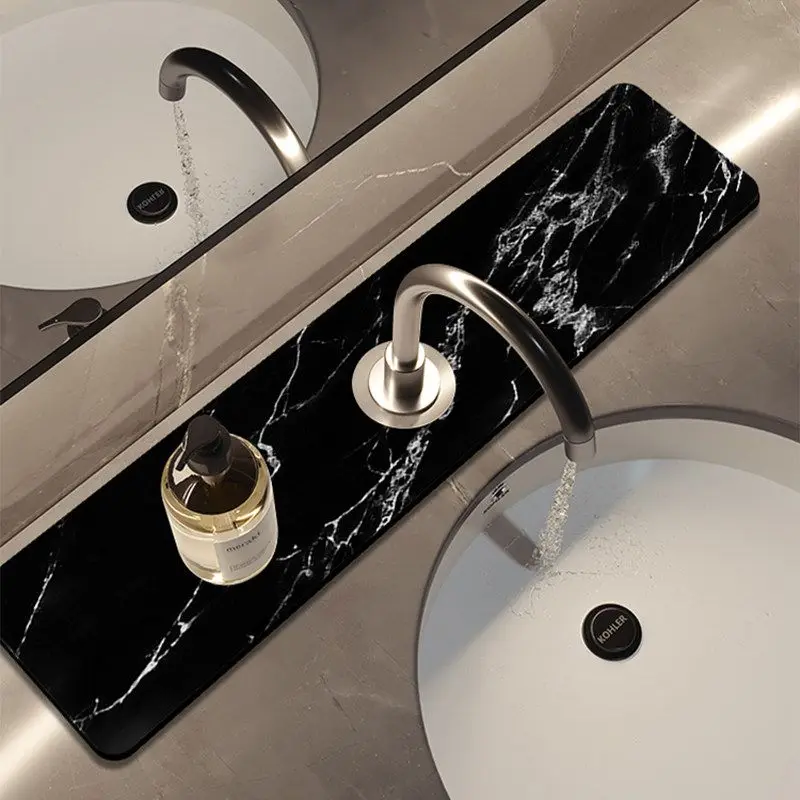 VIKAMA Bathroom Sink Mat Marble Print Water Absorbing Faucet Mat for Vanity Countertop Anti Slip Home Decor
