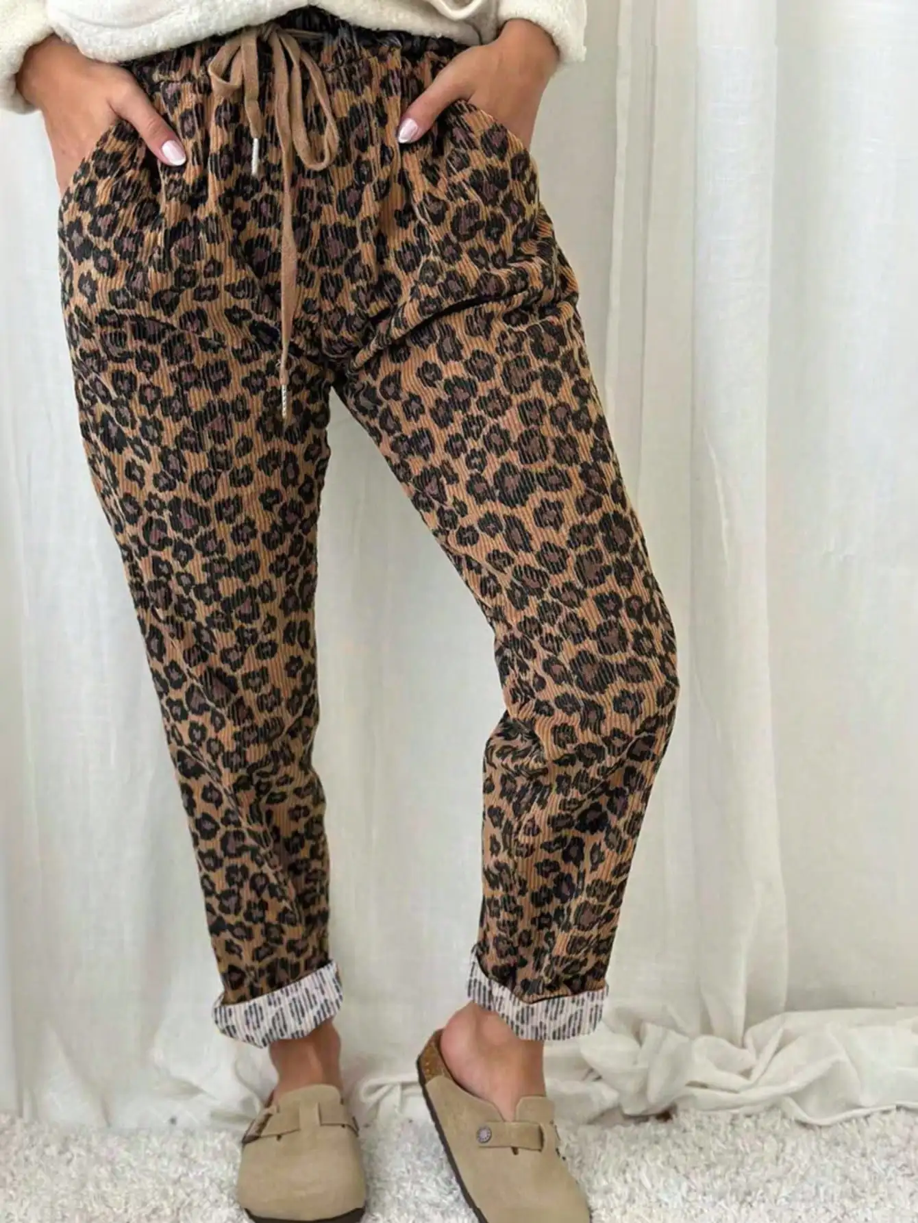 

Women's Leopard Print Corduroy Drawstring Waist Casual Pants with Rolled Cuffs