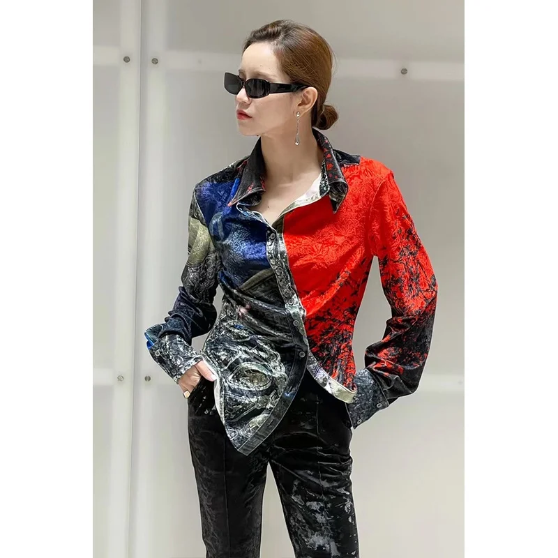 

Long Sve Printed Asymmetric Button up irt Women's Faion Design Handpied by Sts Lucency Brand Commute Sle