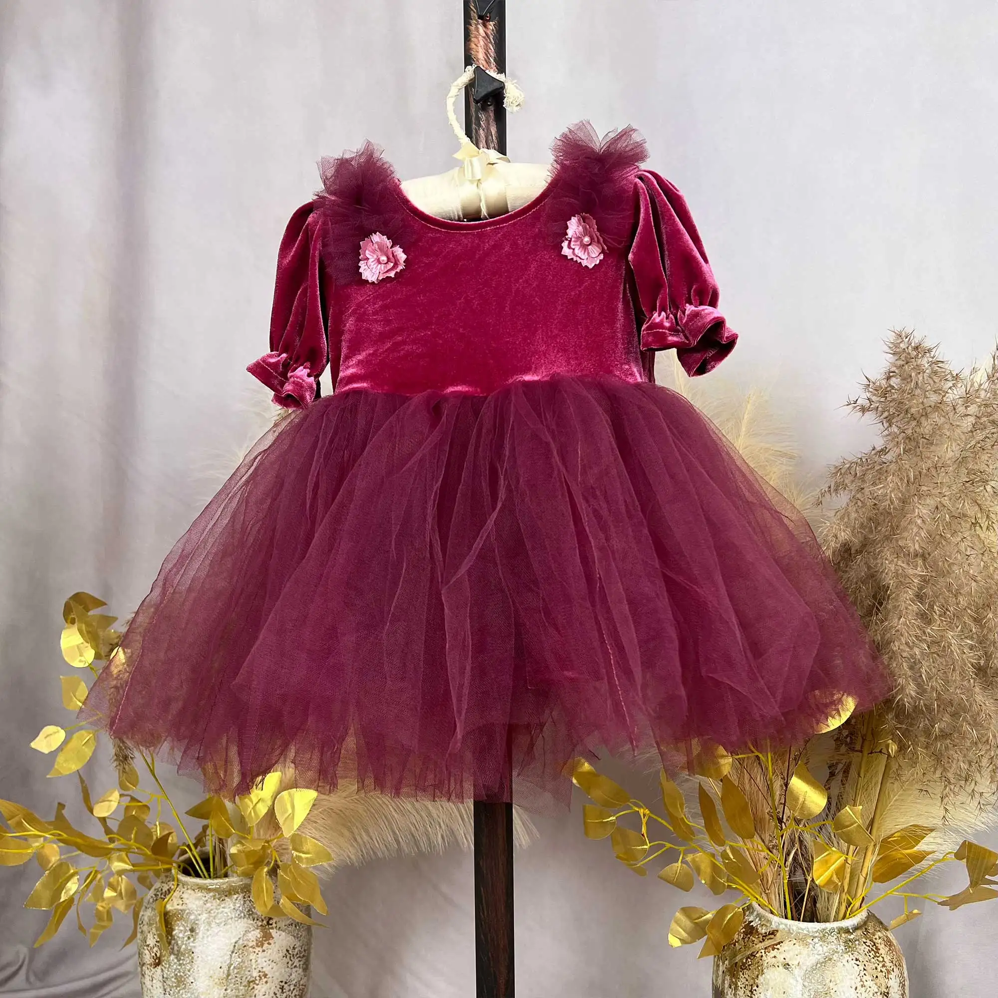 Round Neck Velvet Dress with Puff Sleeves Paired Organza Puff Skirt Girl Costume Children's Wear Birthday Fall Spring Clothing