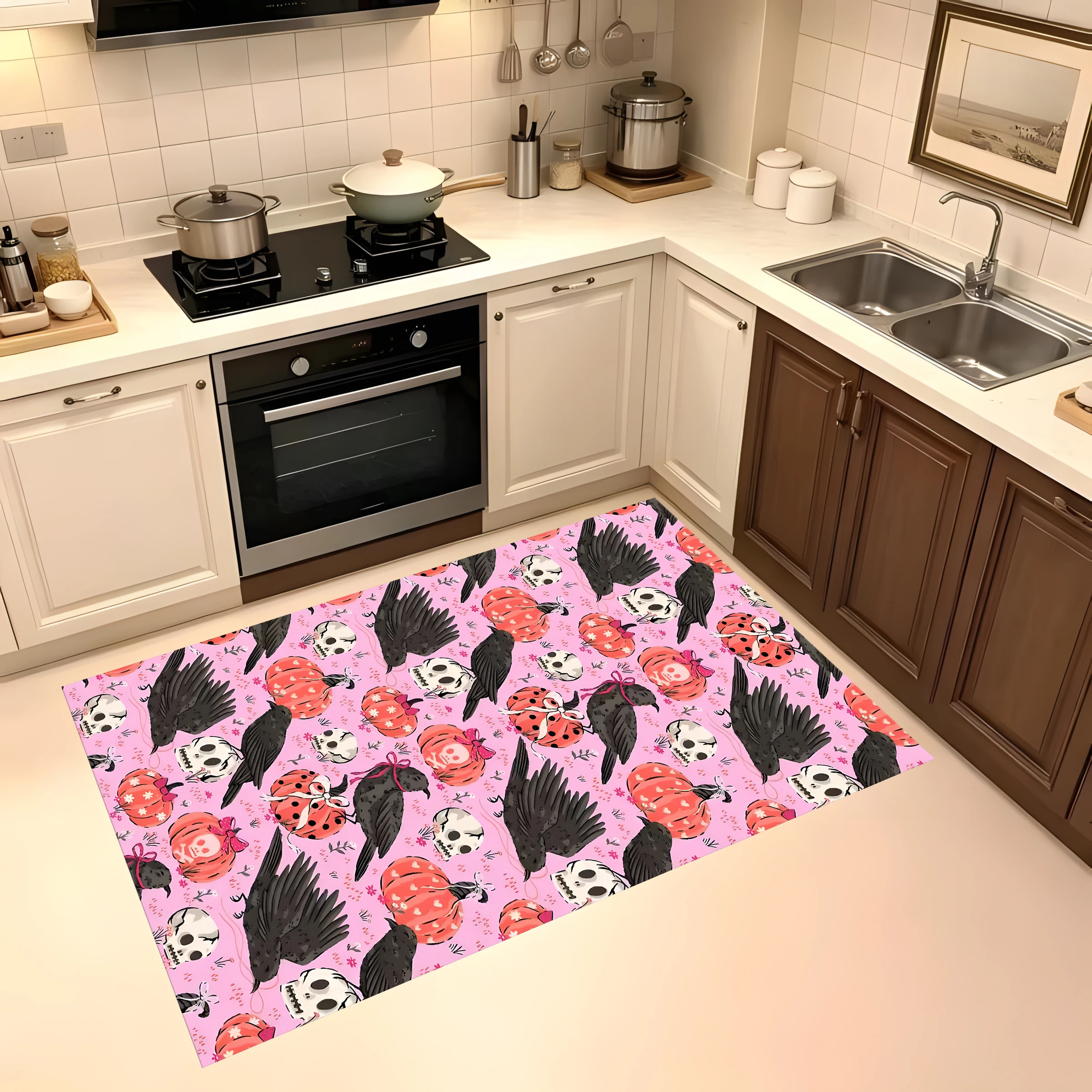 Pumpkin Crow Skull in Velvet 2D Area Rug in Sweet Cool Quirky Style for Living Room and Bedroom, Halloween Party Decor