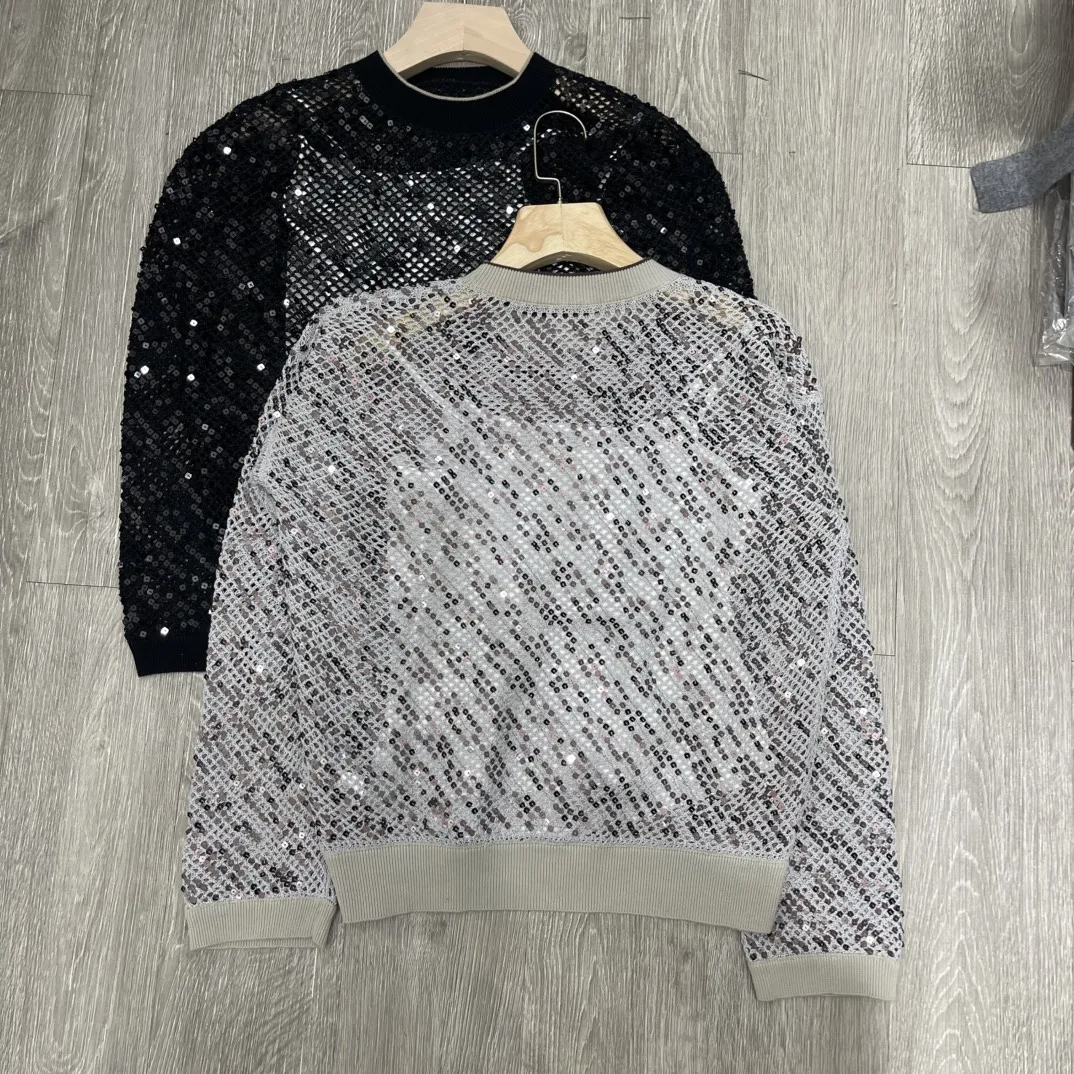 

Heavy Sequined Mesh See-Through Sweater For Women 2025 Spring And Autumn New Lazy Style Loose Slim Top