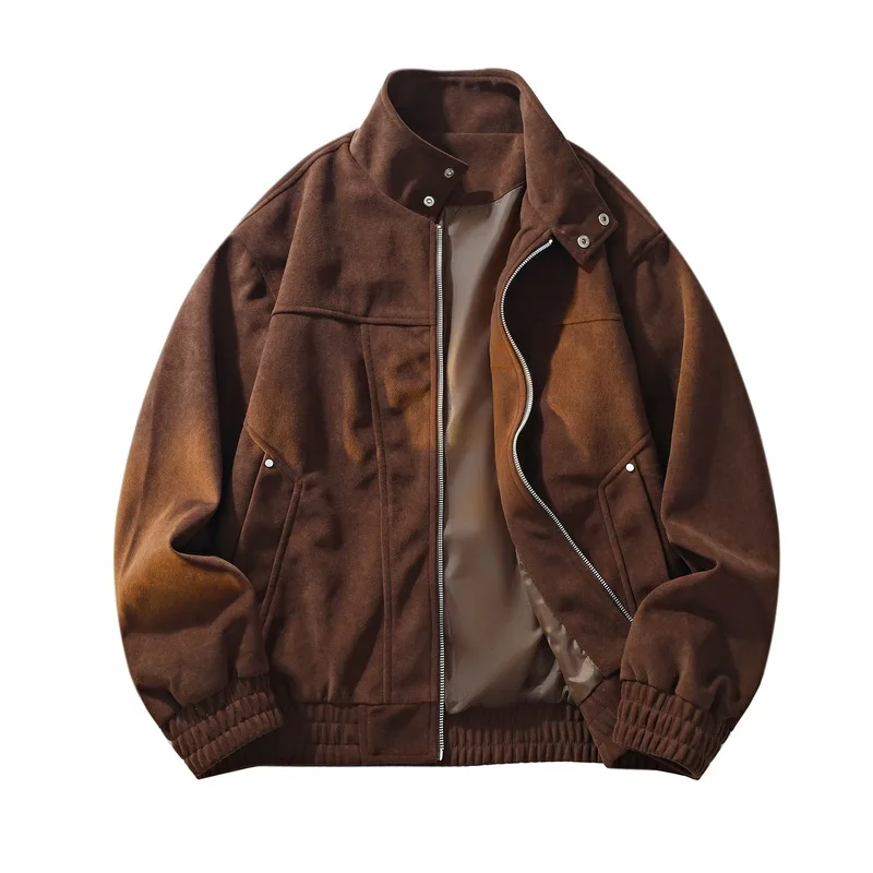 Men Vintage Gradient Stand Collar Jacket Loose Zip Up Bomber Coat Casual Streetwear Elastic Cuff Outerwear With Pockets