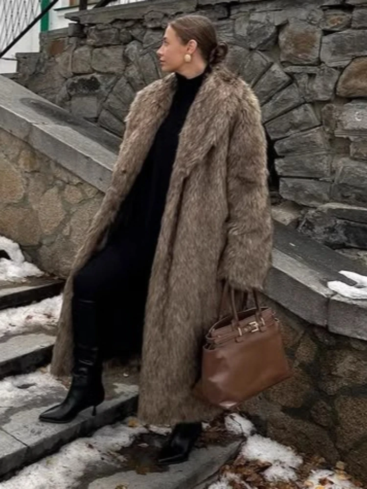 Tossy Winter Female Faux Fur Long Overcoat Warm Luxury Lapel Loose Fashion Commute Contrast Long Sleeve Outwear Women's Faux Fur