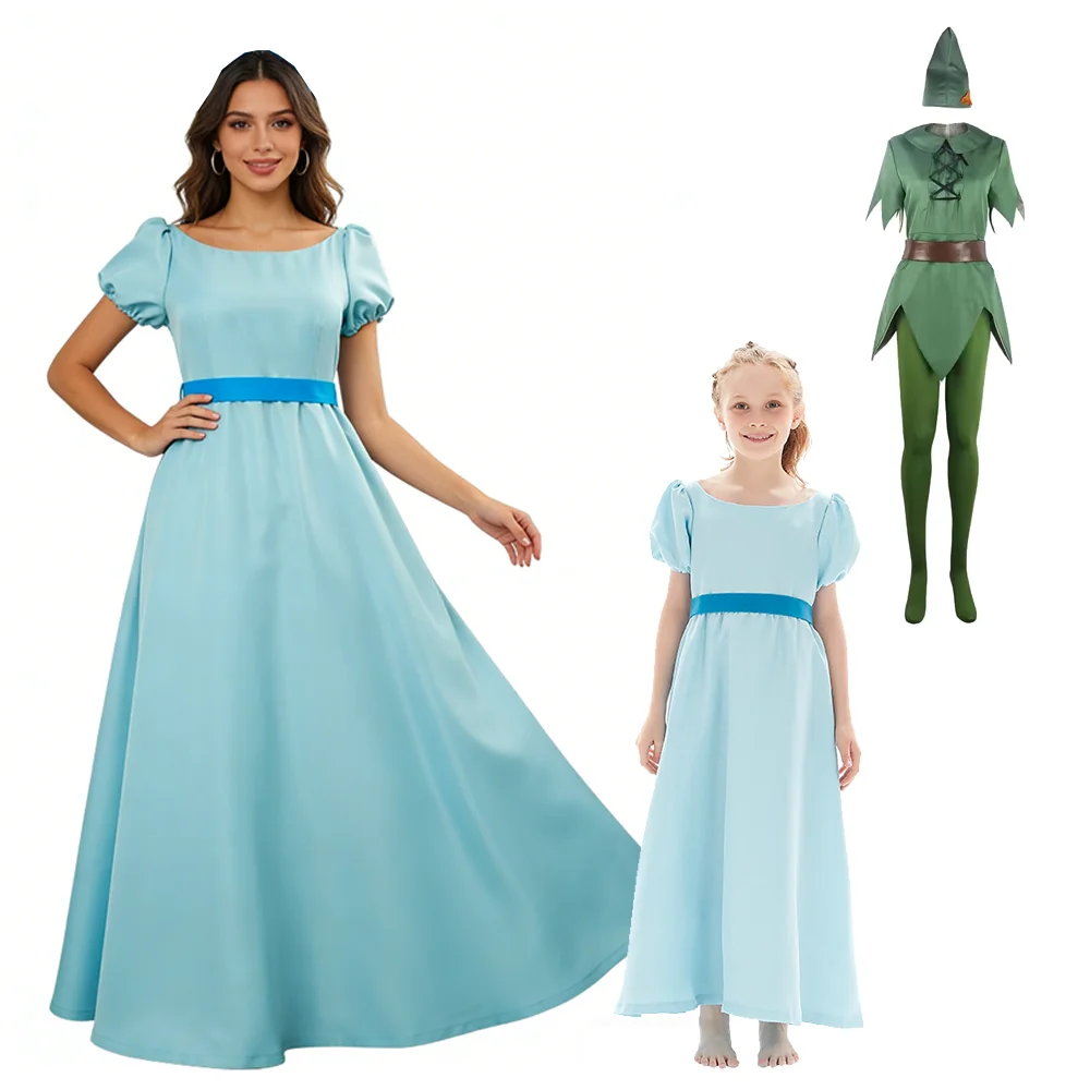 Disfraz de Wendy Cosplay Peter Pan, Top, Pantalones, Sombrero, Vestido Azul de Dibujos Animados, Disfraz para Adultos y Niños, Traje de Halloween, Carnaval