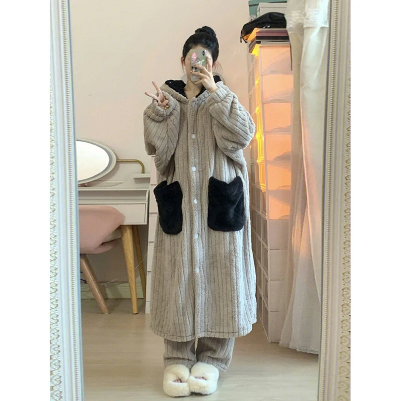 Pocket Robe for Women Sleepwear Hooded Nightdress Winter Fleece Pajama Night Wears Warm One Piece Nightgown Long Sleeve Homewear