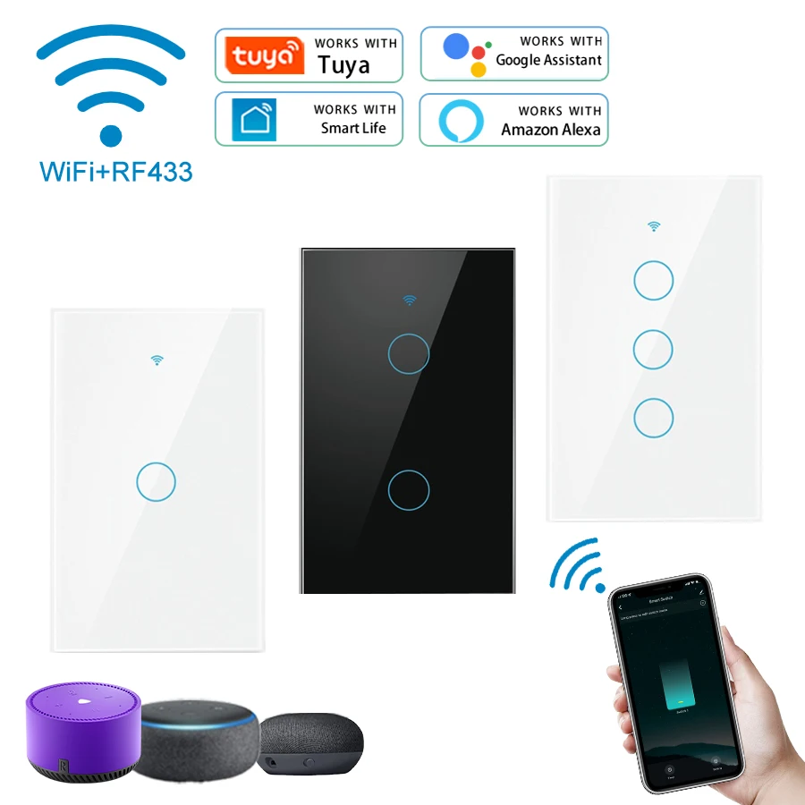 Tuya WiFi Smart Switch 1/2/3 Gang US Light Switch Neutral Wire/No Neutral Wire Required Touch Switch Support Alexa Google Home