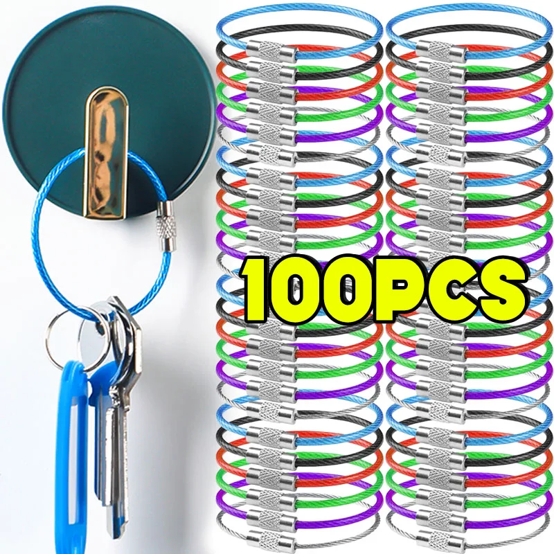 Stainless Steel Wire Keychain Ring Key Keyring Multiple Colors Circle Rope Cable Loop Outdoor Camp Luggage Tag Screw Lock Gadget