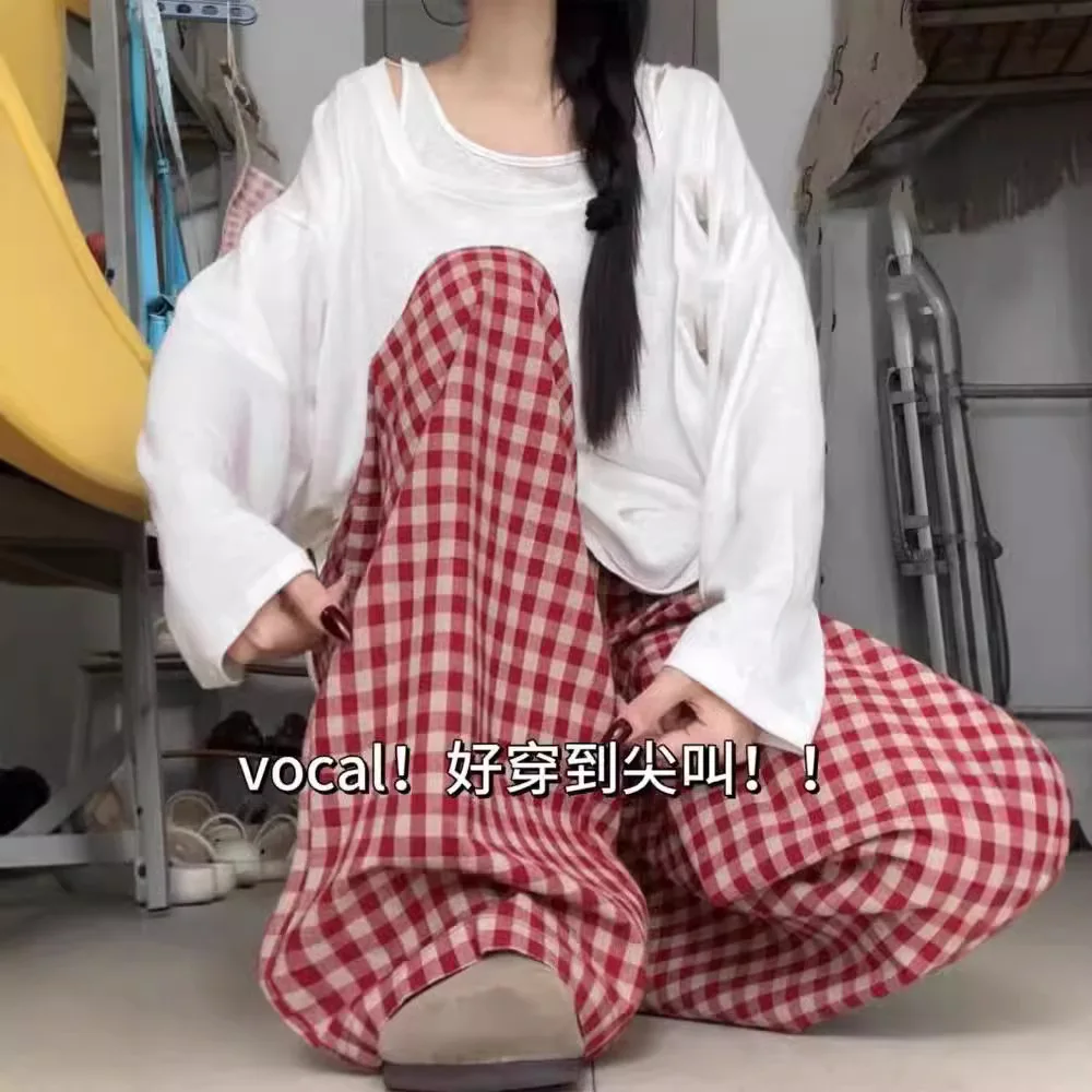 Checkered Pants for Women In Autumn and Winter 2025, New High Waisted , Loose and Lazy,  Retro Casual Wide Leg Pants for Women