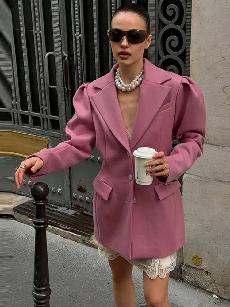 

Винтажные пышные пиджаки с длинными рукавами для женщин, шикарные однобортные однобортные тонкие женские куртки с розовыми лацканами 2025 года, уличная женская верхняя одежда