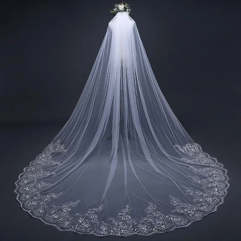 P9FE 4M einlagiger Damen-Schleier mit langem Kathedralen-Hochzeitsschleier, bestickt mit Blumenspitze – Detail 4