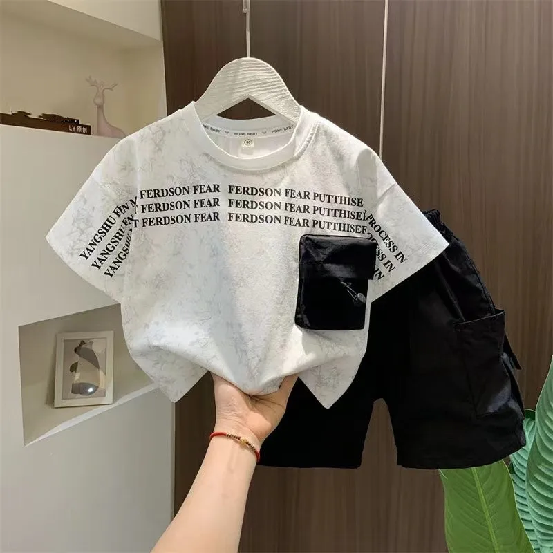 

Boys' Summer Work Short Sleeve Set New Handsome Children's Summer Clothes Baby Fashion Letter Two Piece Set Trendy Kids Outfits