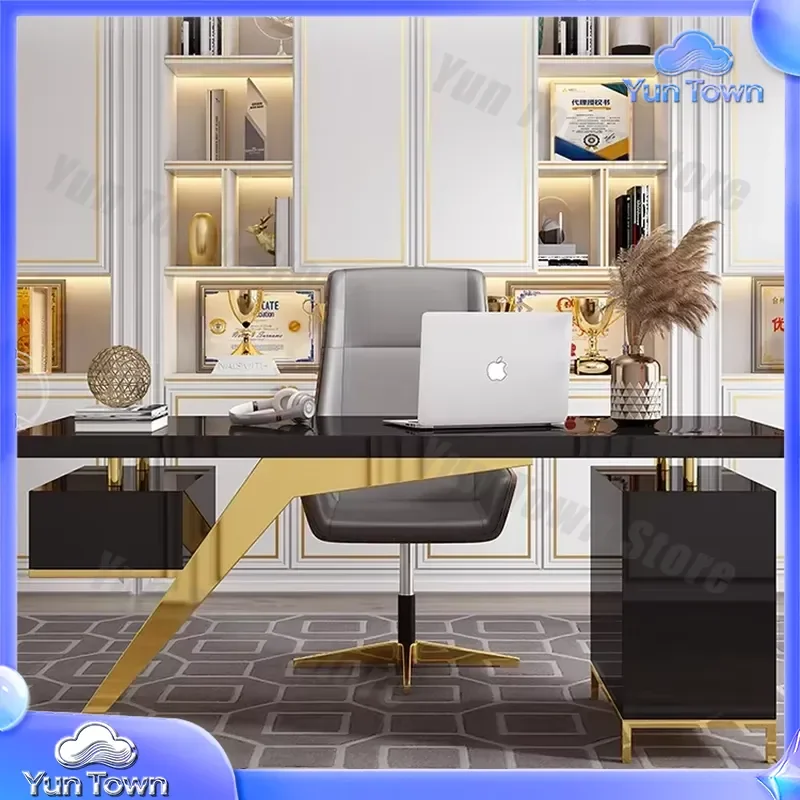2026 Luxury Modern Home Black CEO Office Desk Set Computer Desk Study Table with Gold Stainless Steel Frame for Office