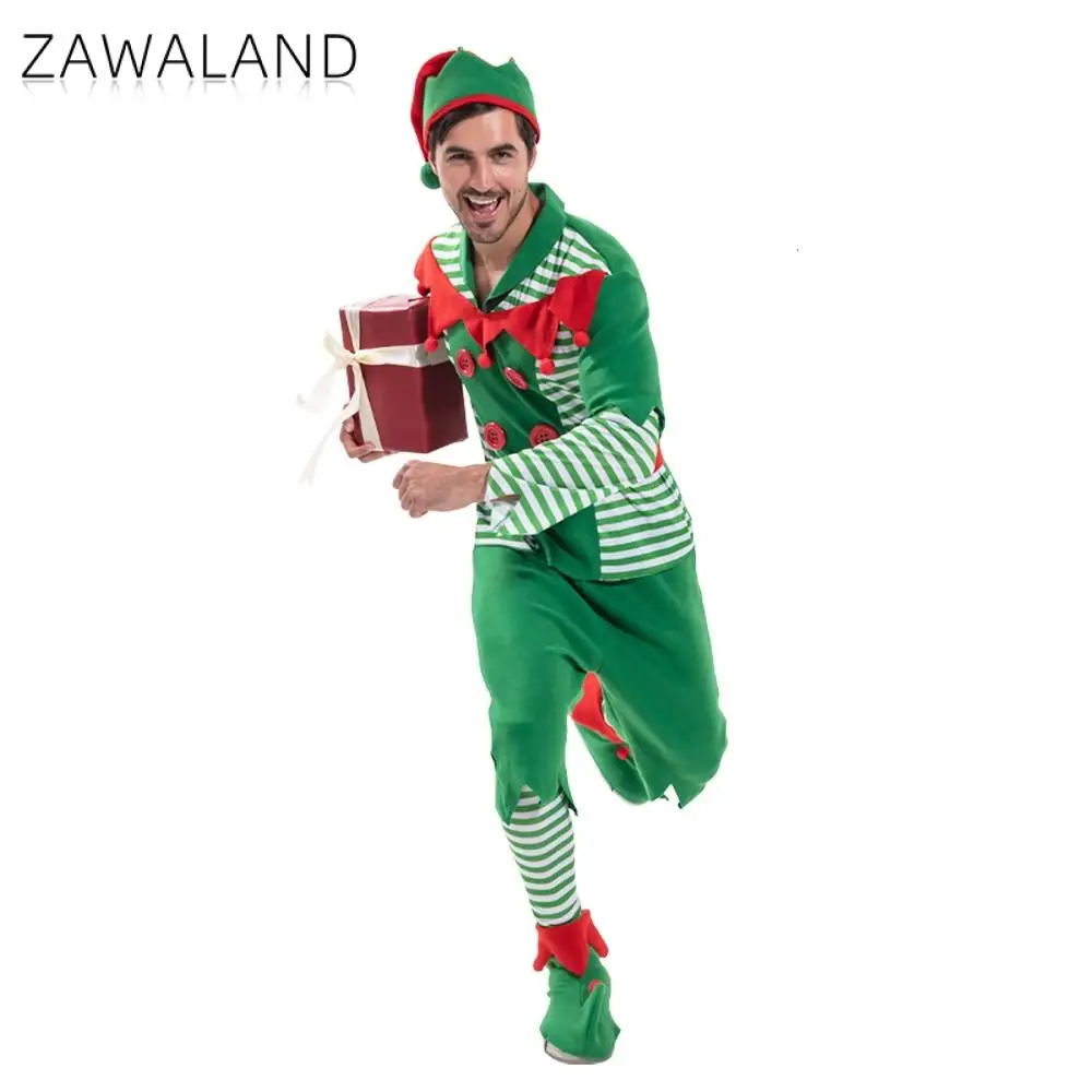 Zawaland Boże Narodzenie Mężczyźni Kostium Elfa z Kapeluszem Pończochy Pokrowce Na Buty Pas Rodzinny Karnawał Impreza Nowy Rok Fancy Xmas Dress Up Outfit