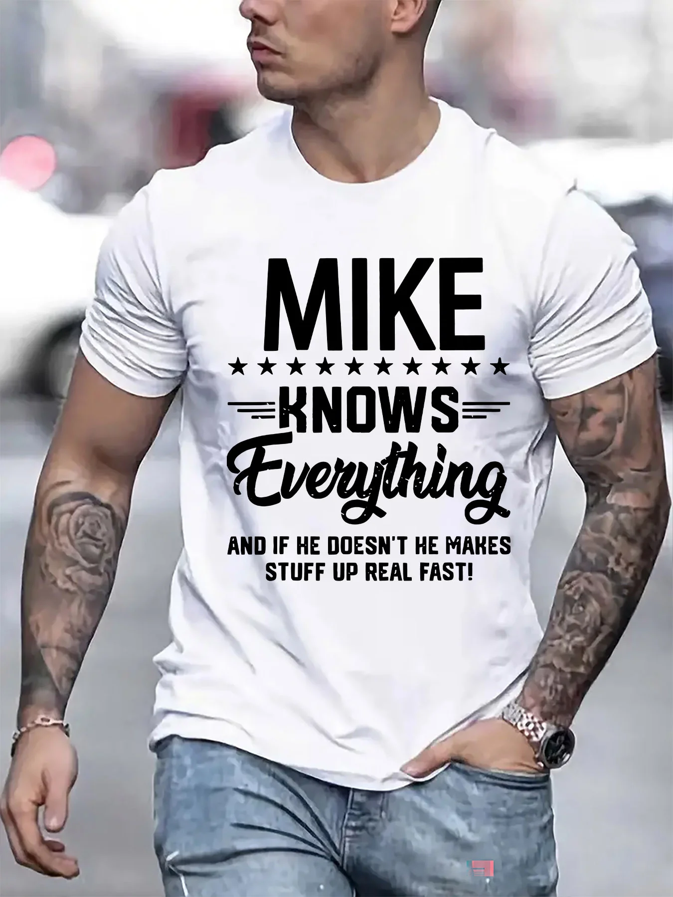 Men's upgraded casual white T-shirt, short-sleeved with the breathable and comfortable "Mike'S Know - It - All Tee" design