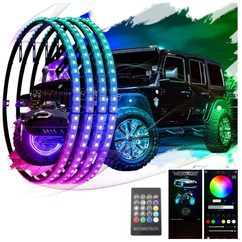 4Pcs Single Row RGBIC Dream Color Wheel Rim Light IP68 Waterproof APP Music Control Turn Signal Lamp For ATV Truck