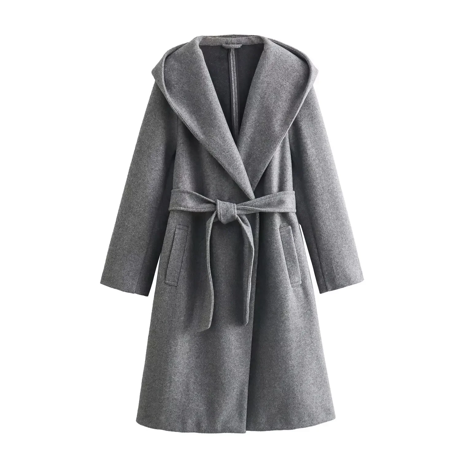 2024 Spring New Women's Elegant Solid Color Hooded Medium-Length Long Sleeve Belt Woolen Jacket Overcoat European American Cross