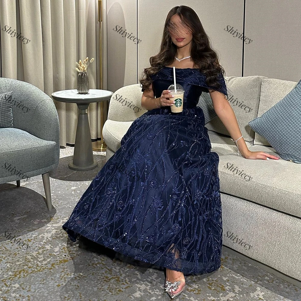 Dark Blue Boat Neck A-line Lace Evening Dress Saudi Arabia Elegant Off the Shoulder Satin Formal Party Prom Gown Appliques Dress