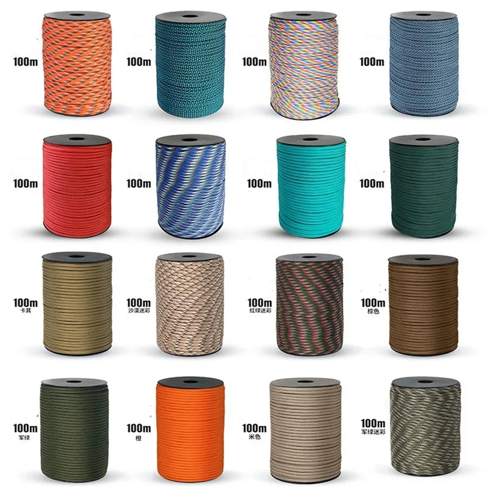 Corda de paraquedas de 9 núcleos de 100m, corda de sobrevivência de emergência para montanhismo ao ar livre e acampamento, pulseira trançada DIY de 4mm, varal
