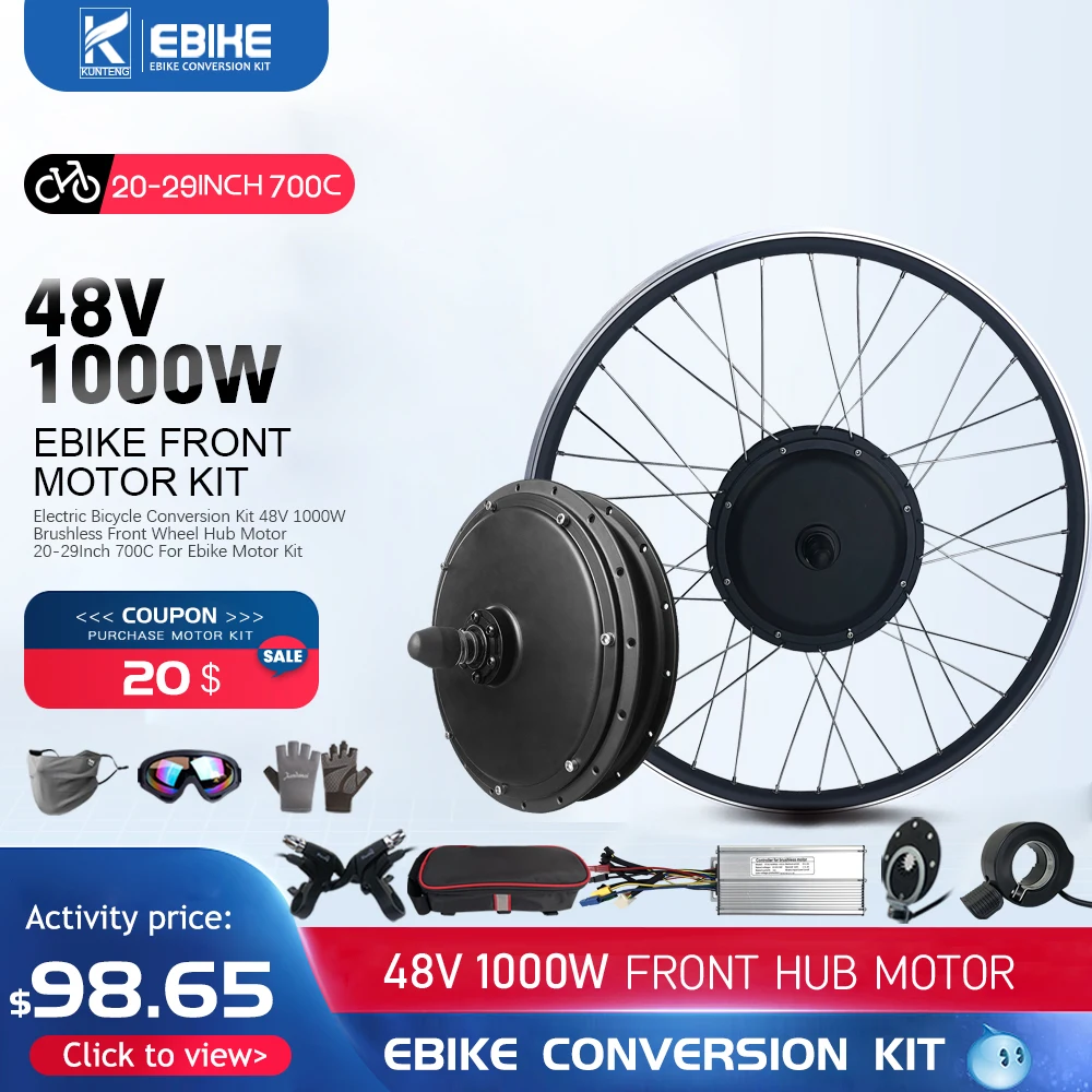 Ebike converter kit 48V 1000W Hub Motor Wheel Front Ebike Kits Brushless Gearless Direct Motor 20-29 Inch 700C Bike Wheel