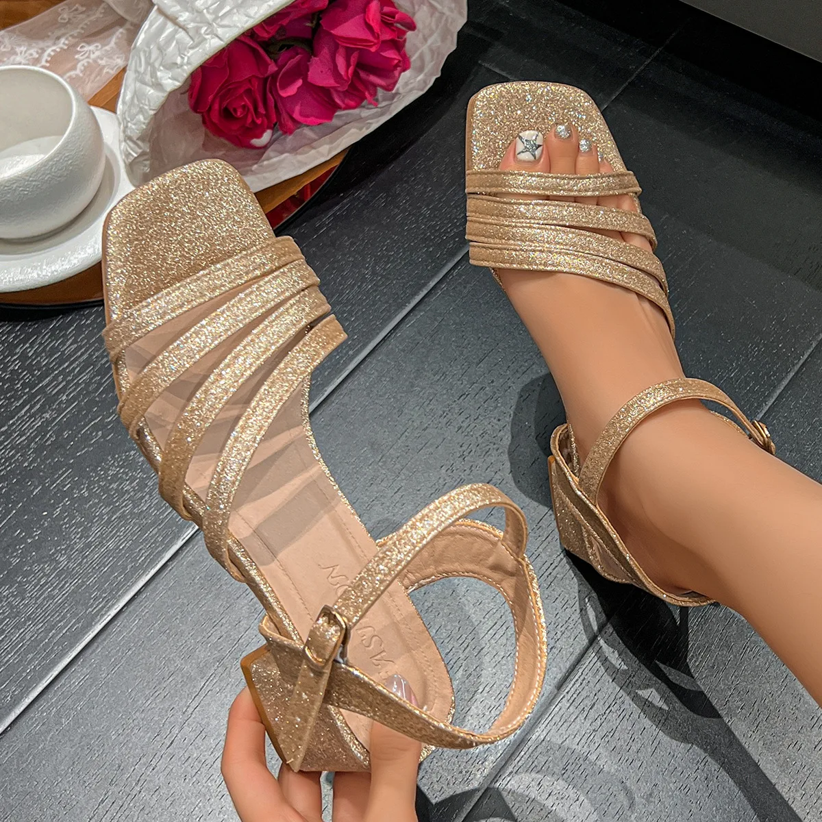 Golden sparkly women's block heel sandals with ankle strap