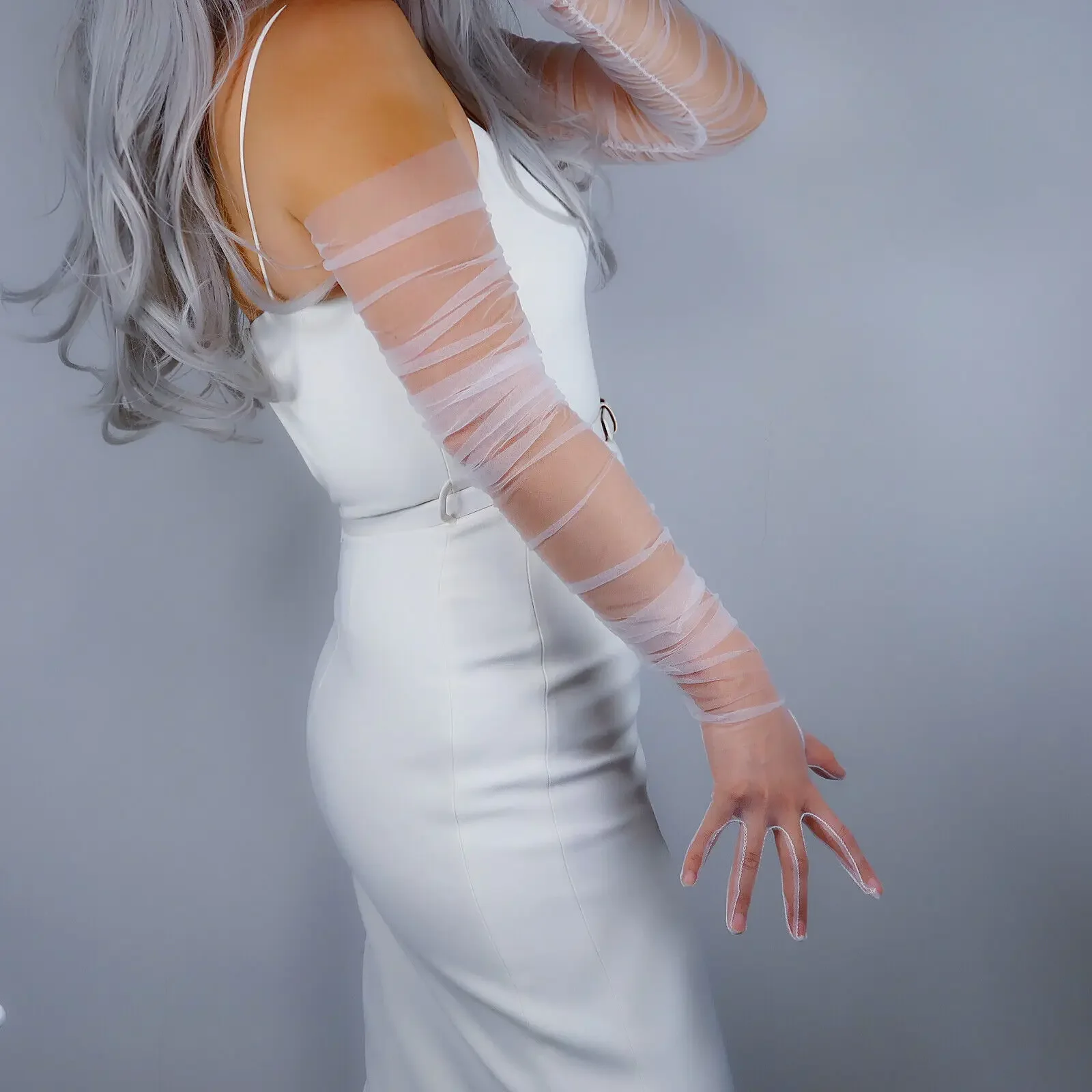 White Lace Tulle Transparent GLOVES SMOKY Ruched Mesh Semi Sheer 35