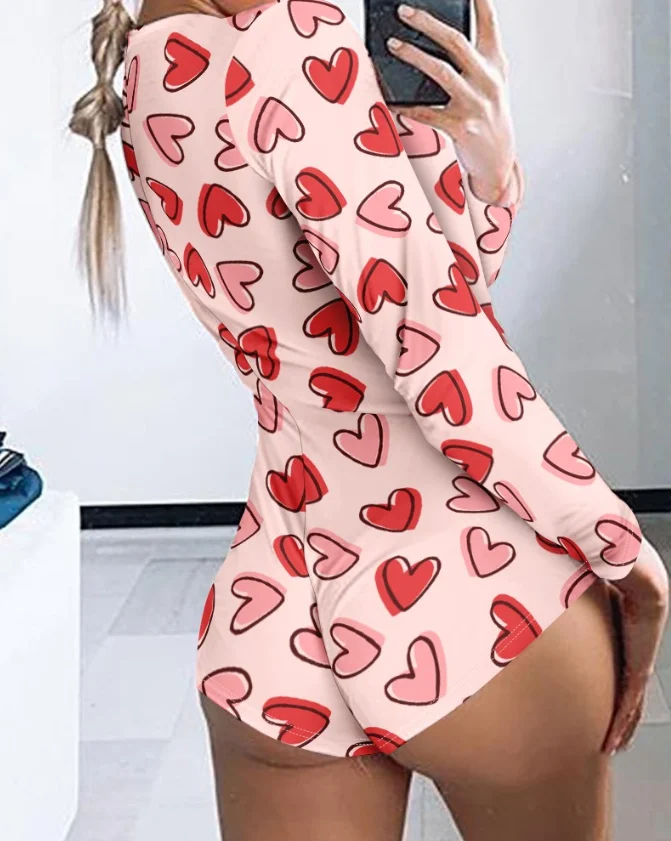 Valentine's Day heart-shaped V-neck button up long sleeved jumpsuit, one-piece sleepwear, women's home jumpsuit