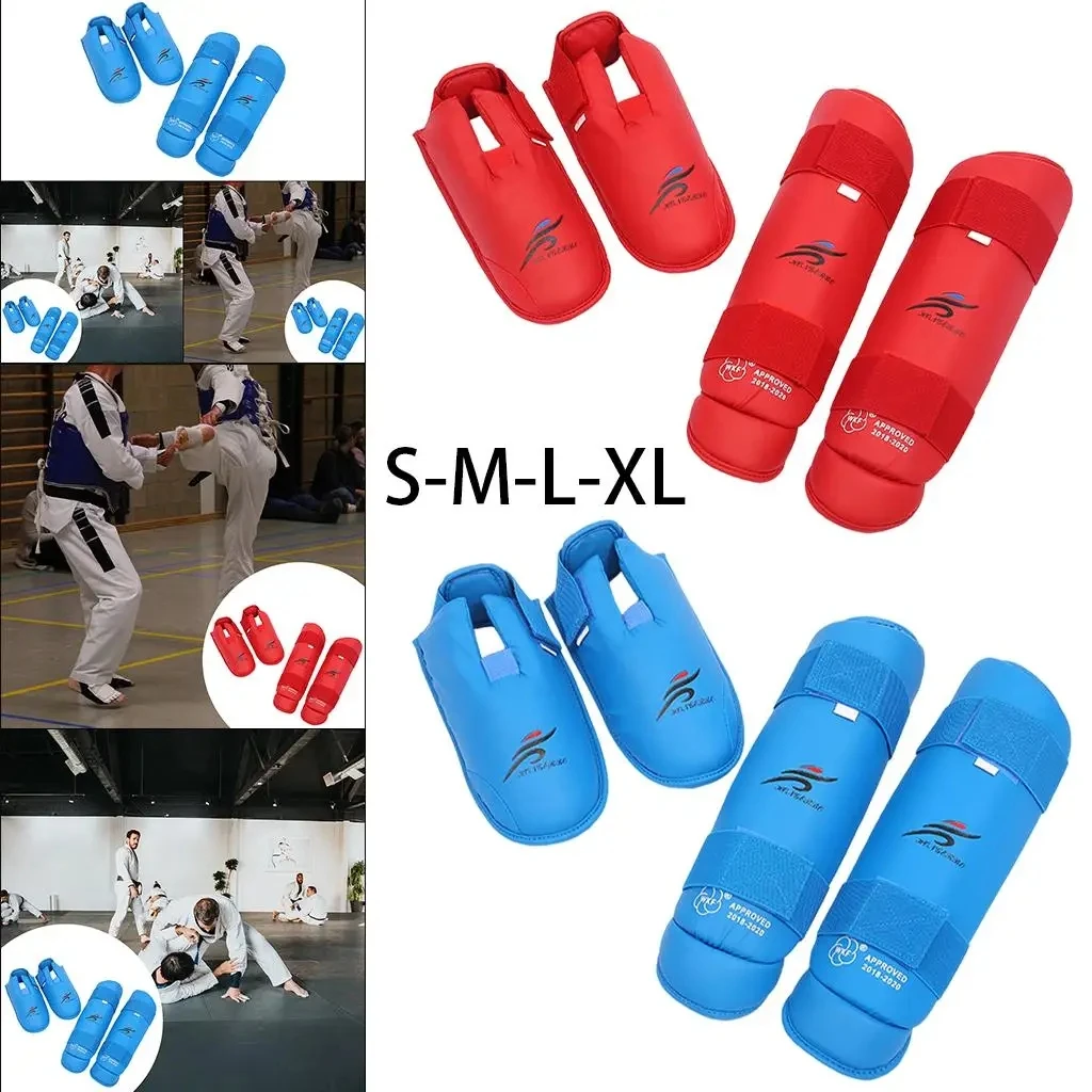 Karate Shin Guards WKF Approved Kick Pads Elasticated Ankle Martial Thai Kickboxing Instep Protector for Kids Adult