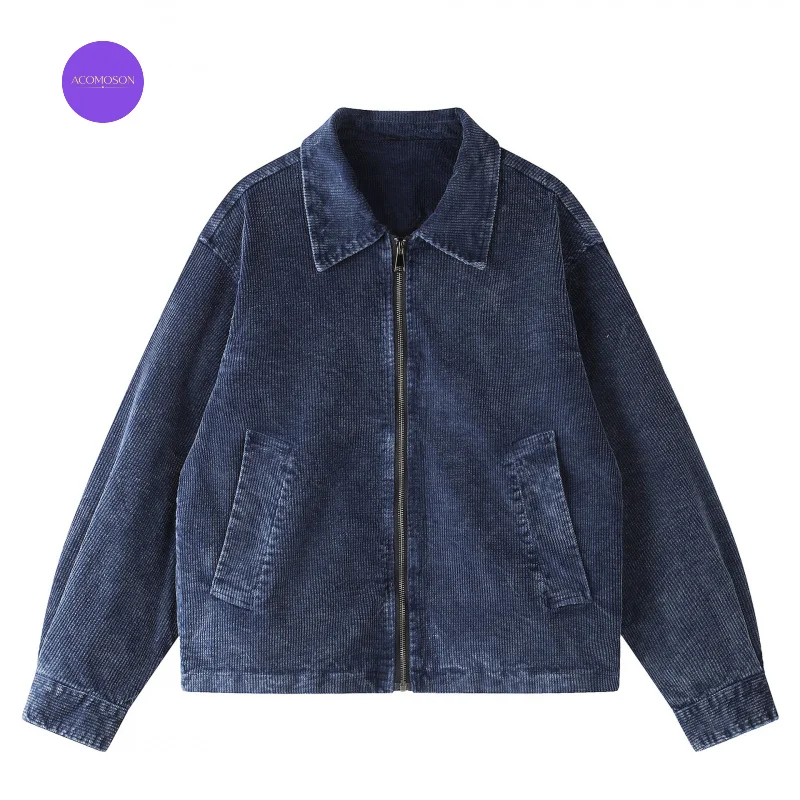 ACOMOSON EU US Size Luxury Quality Washed Distressed Corduroy Work Jacket Unisex Boxy Travel Holiday Casual Denim Jacket