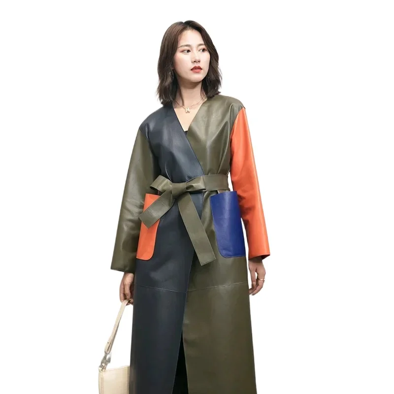 

23, куртки из натуральной кожи, женская двусторонняя куртка из натуральной овчины, женский плащ, кожаное пальто средней длины, цвет столкновений