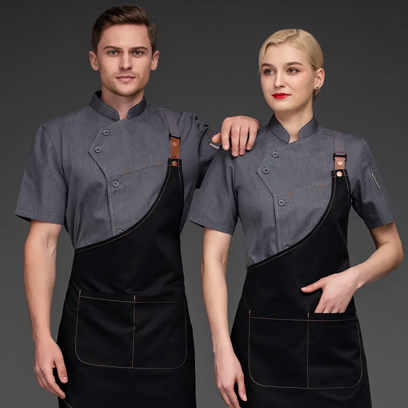 Camisas de Chef para hombres y mujeres, uniformes de cocina, ropa de trabajo para panadería, Bar, chaqueta de Chef, delantal impermeable, restaurante, camarera, negro