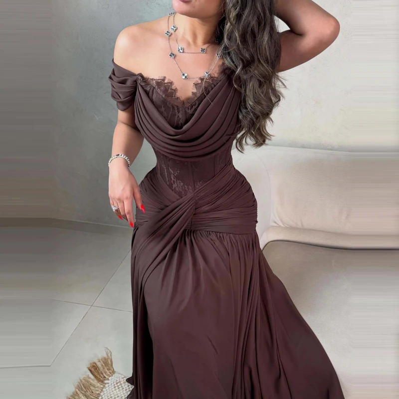 Sommerliches schulterfreies Abendkleid für Damen mit U-Ausschnitt, Patchwork-Spitze, Hohlmuster, Partykleid, Frühlings-Maxikleid mit hoher Taille und Saum