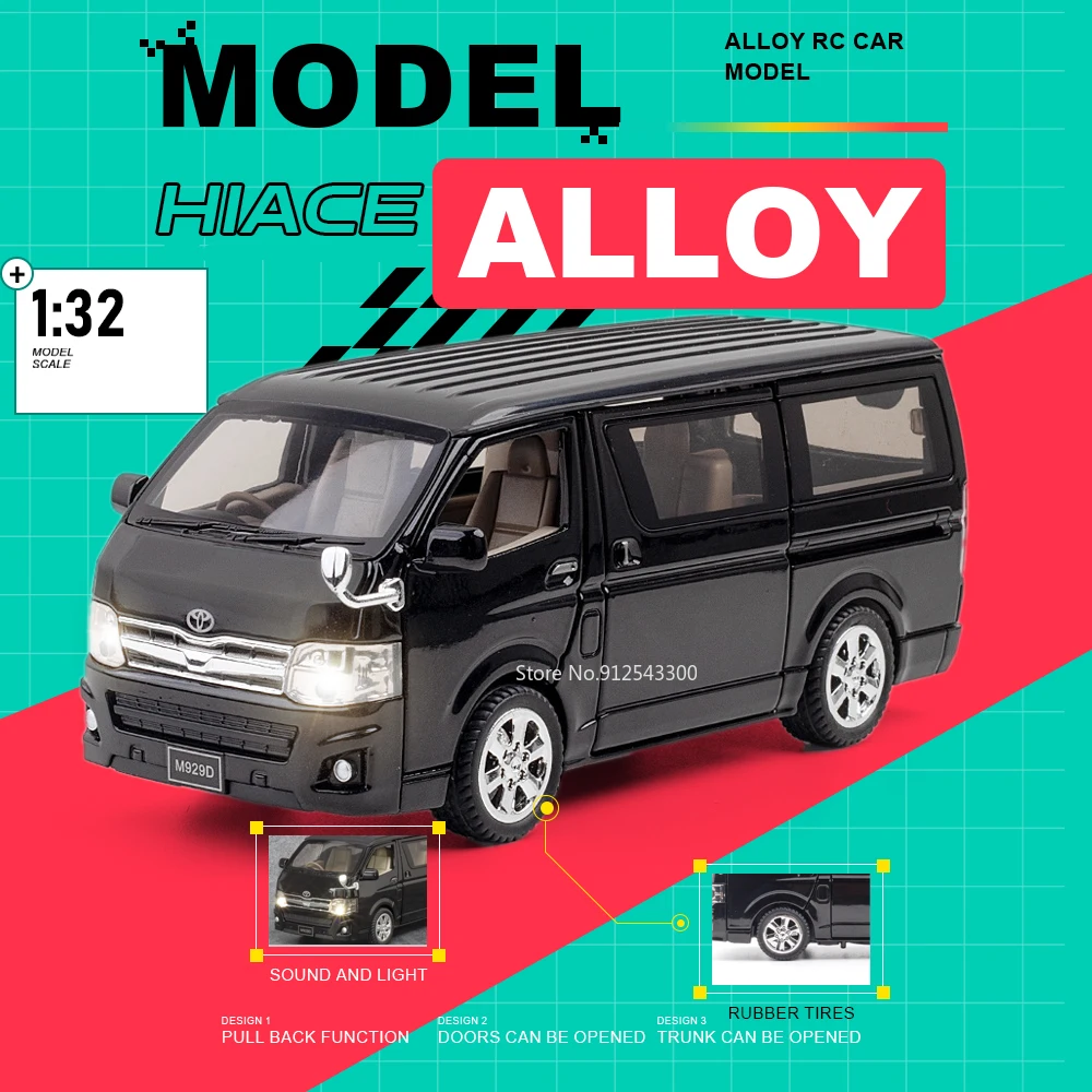 

Модель автомобиля Toyota Hiace Vellfire в масштабе 1:32, с открывающимися дверями, звуком и светом, инерционная, из сплава, для детей, праздничный подарок