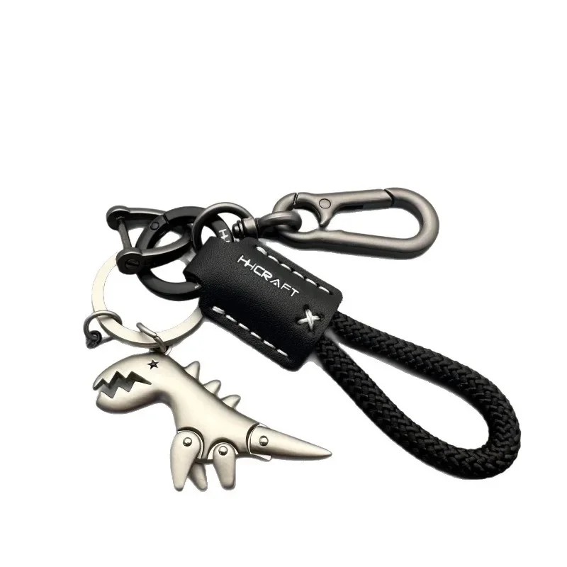 Fashion Metal Dinosaur Keychain Braided Leather Strap Key Ring Universal For Car Motorcycle Handbag Pendant Decor Gift 6