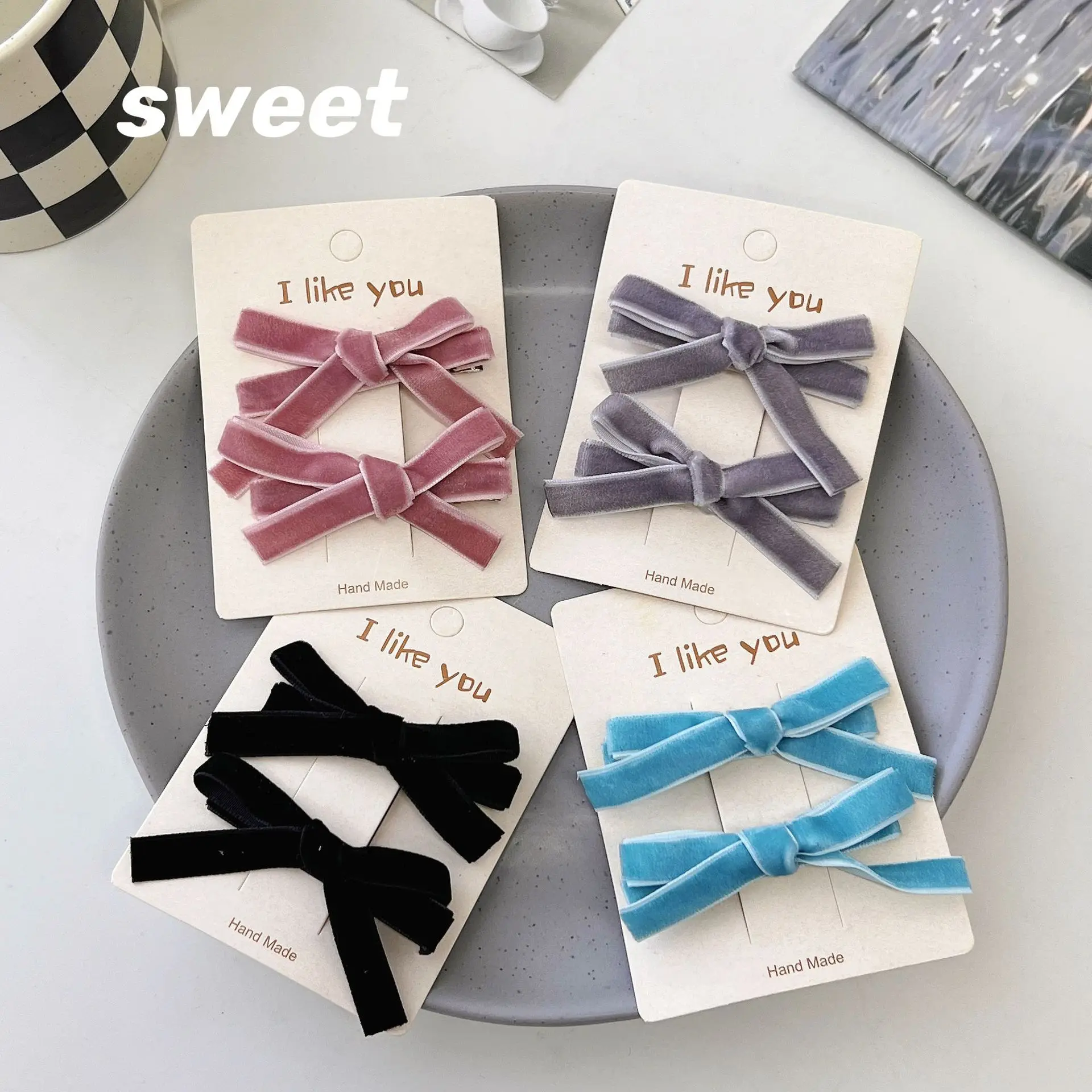 2PC Korean Style Velvet Bow Hairpin Set Solid Color Simple Hairgrip for Girls & Women Vintage Hair Clips Accessory