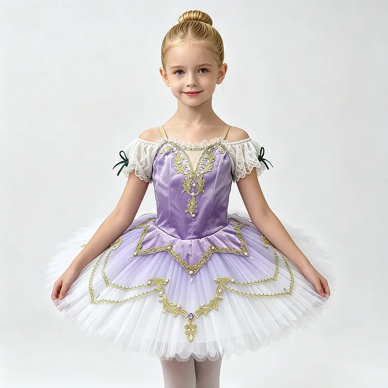 Kids off shoulder lace gold embroidery purple white gradient tutu ballet dress for stage solo competition exam princess drama pe