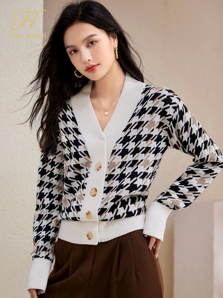 H Han Queen Autumn Winter Knitted Cardigans Sweaters Women Tops Basic Houndstooth V-Neck Chic Knit Long Sleeve Cardigan Jacket