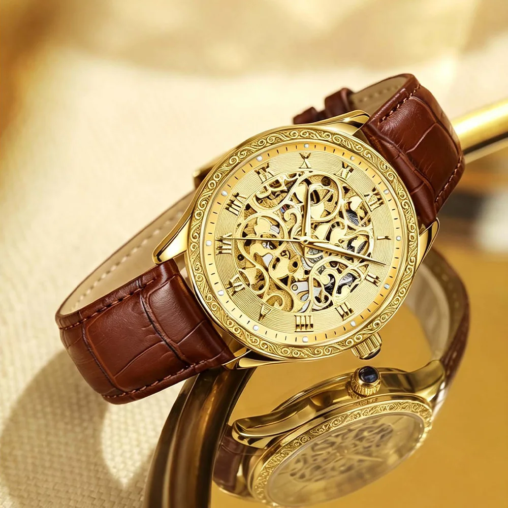 LOUIE JUELEN Women's Mechanical Watch Gold Luxury Engraved Case Skeleton Dial Chanel-Style Women's Business Watch Gifts