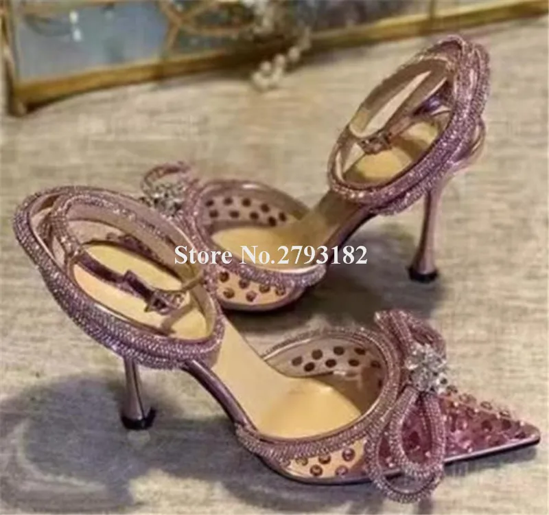 Rhinestones PVC Pumps Bling Bling Clear Transparent Crystals Bowtie Stiletto Heel Pumps Pink Blue Red Diamond Wedding Heels